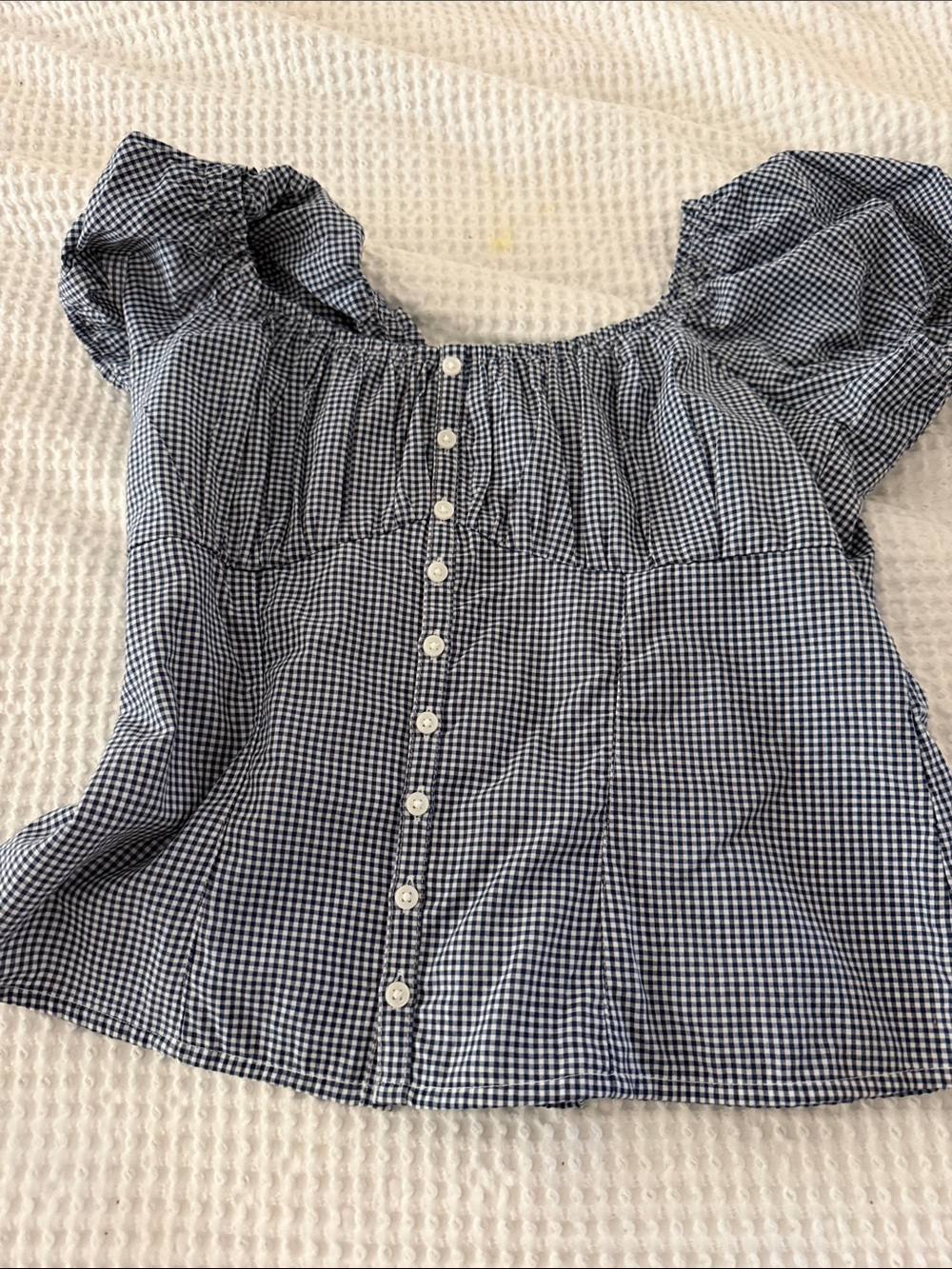 Hollister Navy & White Gingham Puff-Sleeve Button Top
